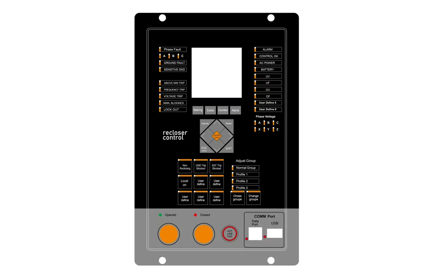 Automatic vacuum circuit recloser control panel with protection indicators and communication port