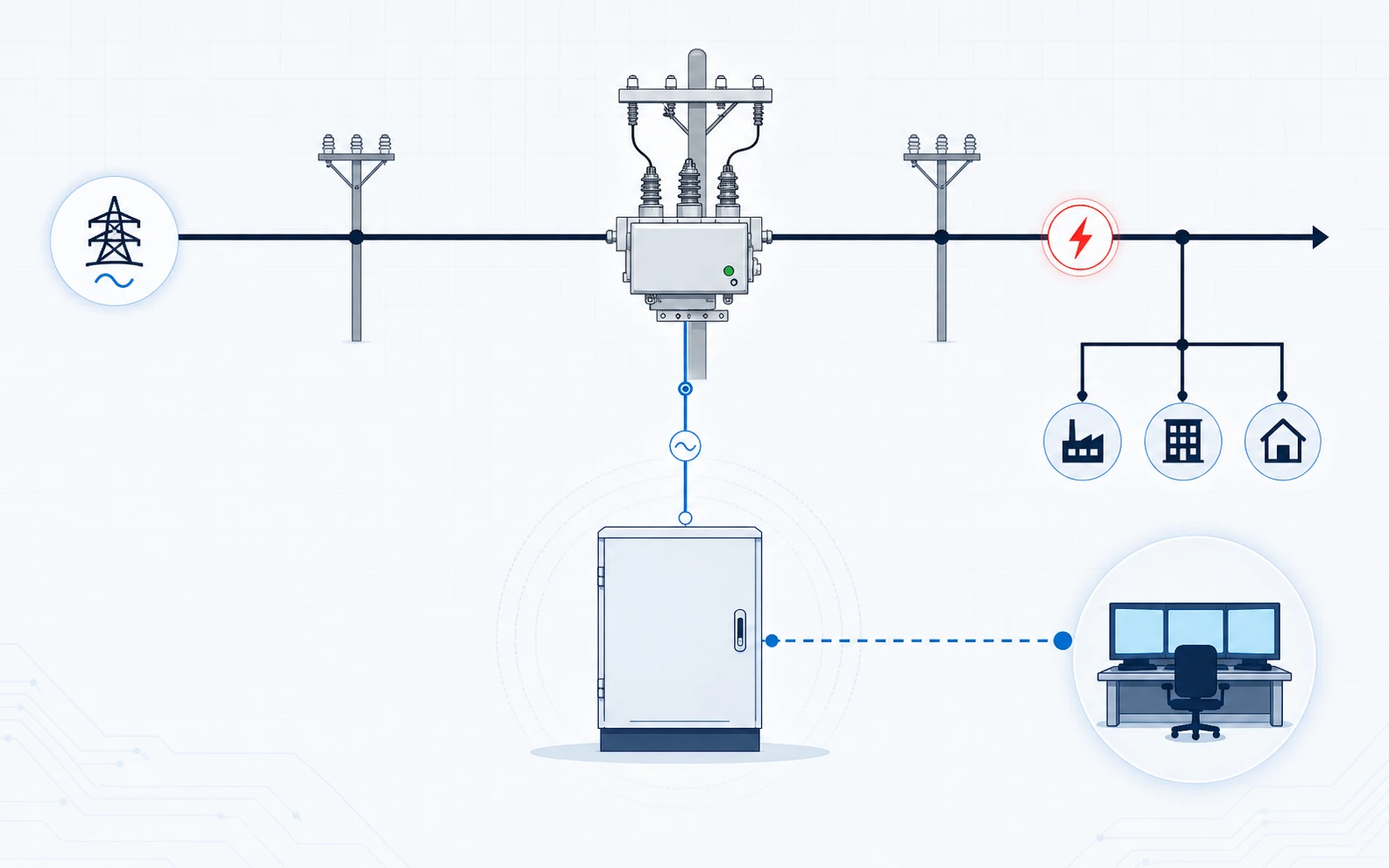 Automatic vacuum circuit recloser topology showing feeder source recloser point downstream fault controller cabinet and SCADA communication path