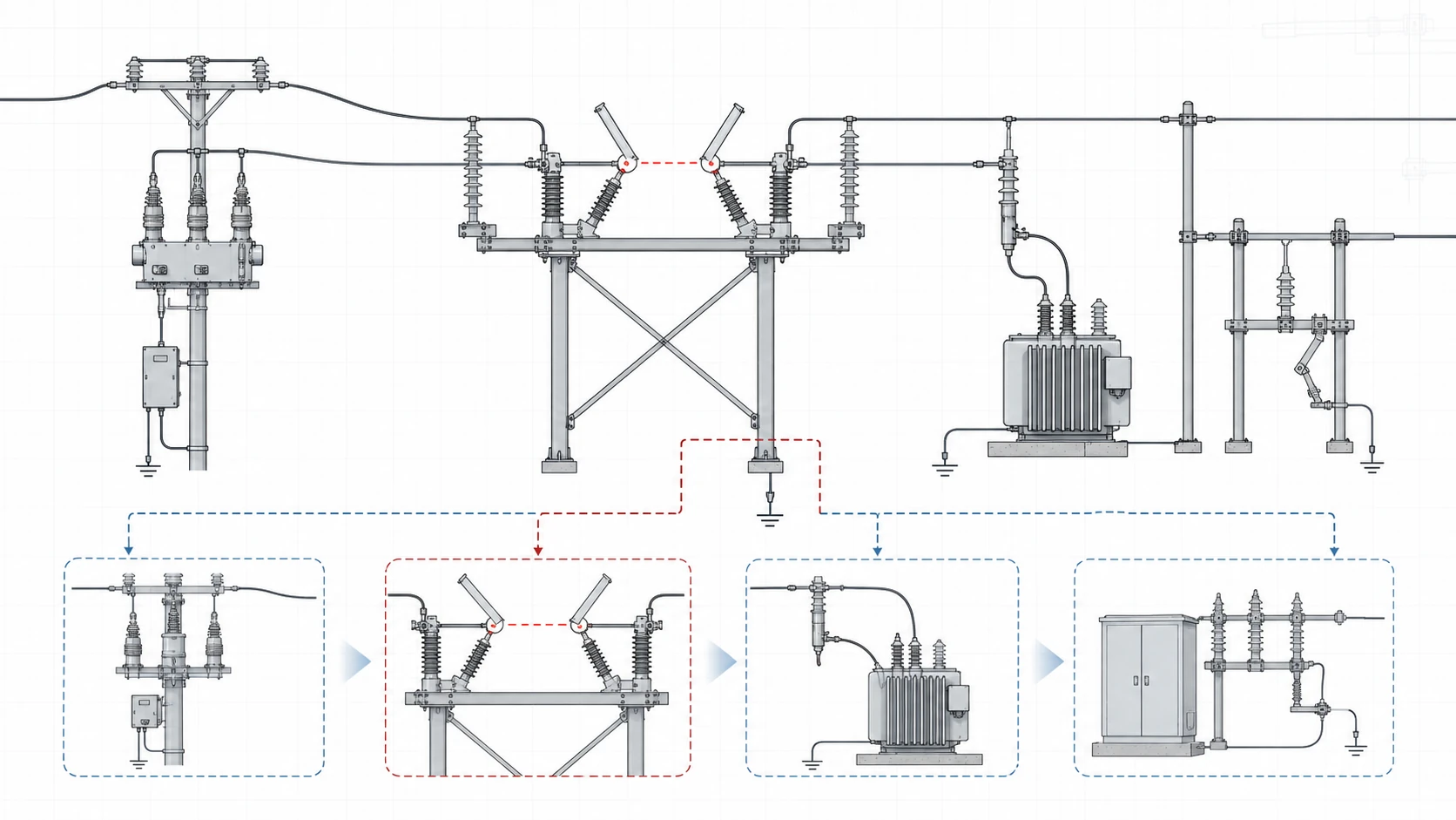 Engineering topology diagram for outdoor air break switch feeder sectionalizing fuse branch and grounding knife selection