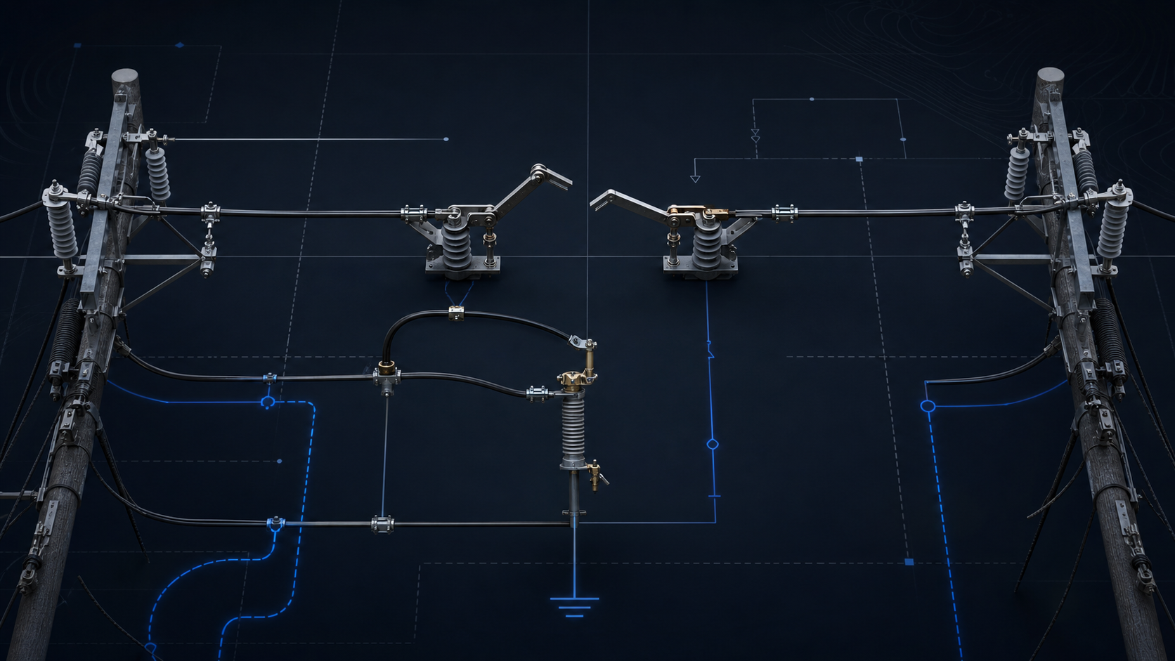 Decorative engineering visual showing outdoor air break switch open gap, fuse branch and grounding path context