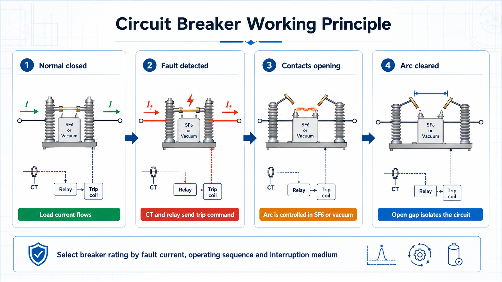 Circuit breaker working principle diagram showing fault detection trip command contact opening arc interruption and open gap isolation