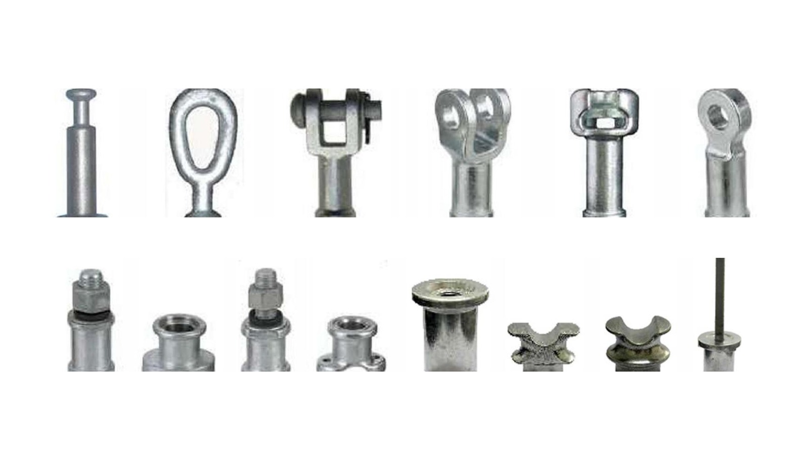 Composite insulator fittings and end hardware on clean white background