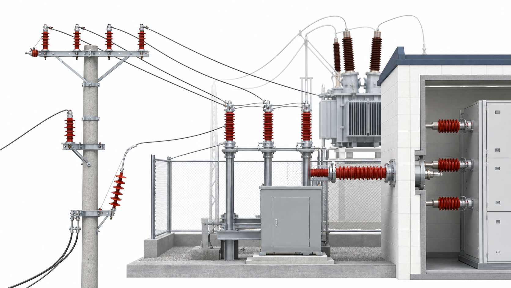 Engineering topology image showing composite insulators on pole line substation wall bushing and transformer routes