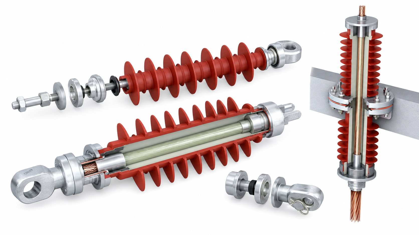Engineering structure image showing core rod silicone sheds end fittings conductor path and bushing interface