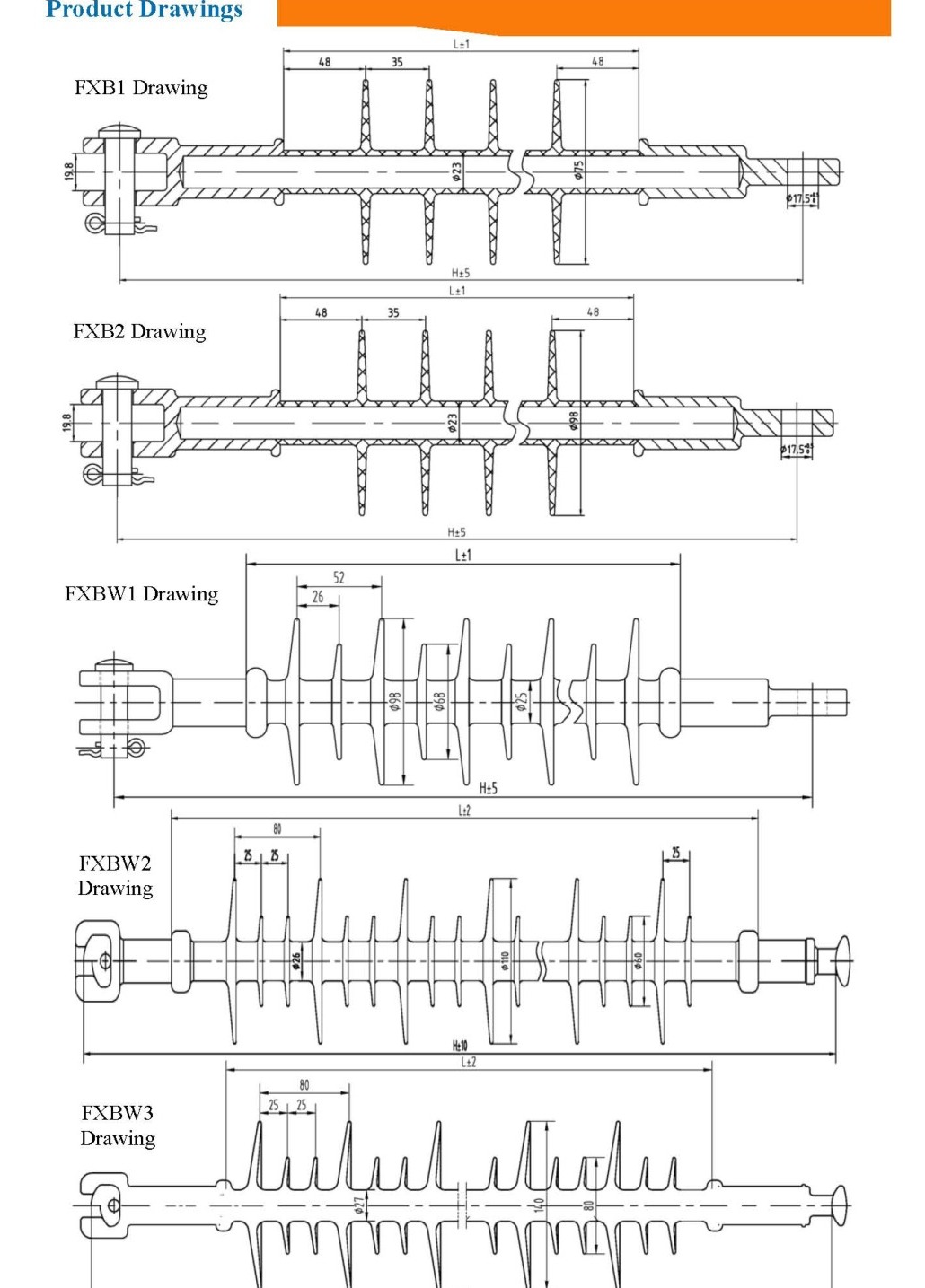 Composite suspension insulator FXB and FXBW product drawings