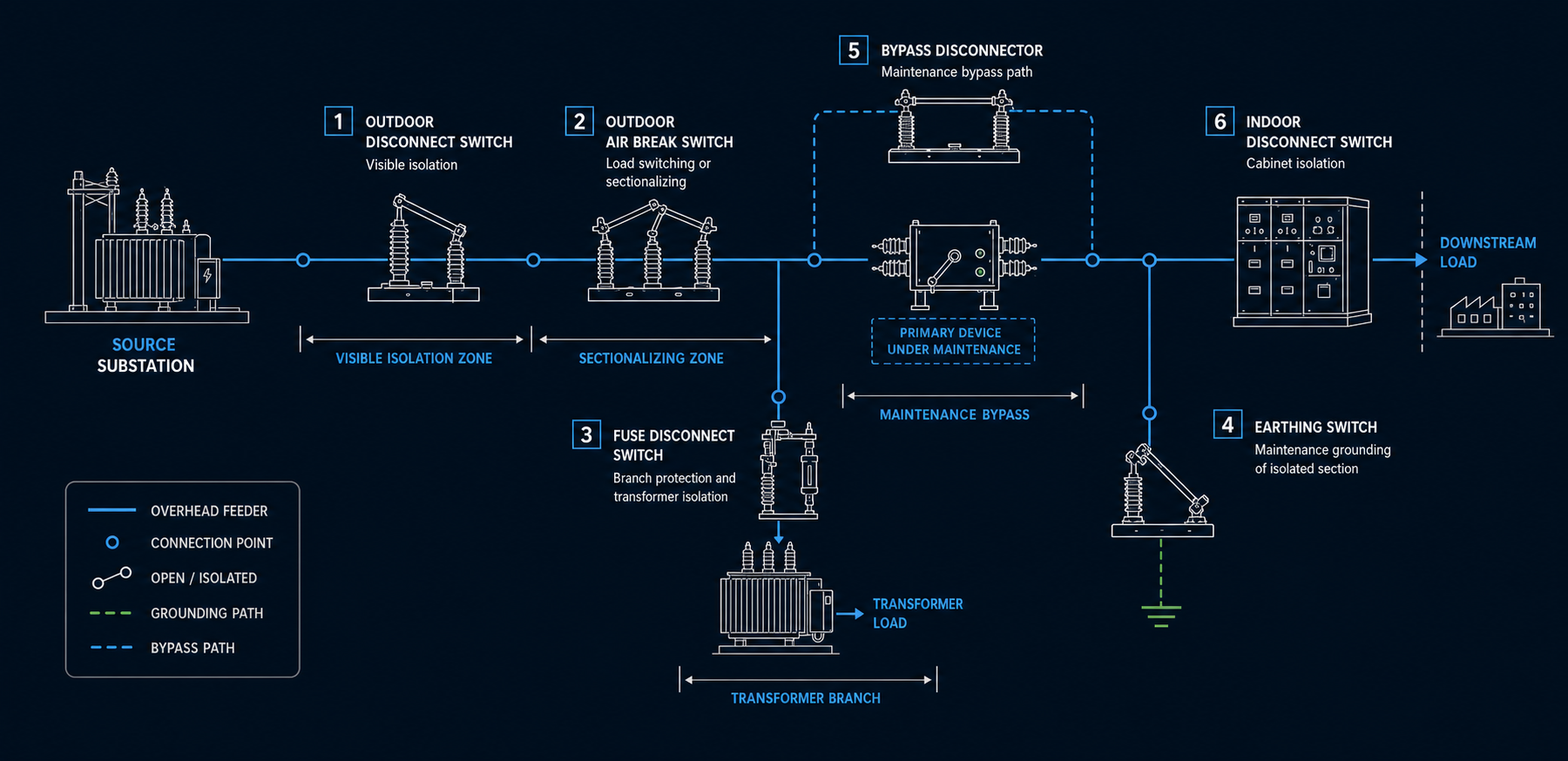 Distribution switching line position topology showing outdoor disconnect switch outdoor air break switch fuse disconnect switch earthing switch bypass disconnector indoor disconnect switch source substation and downstream load