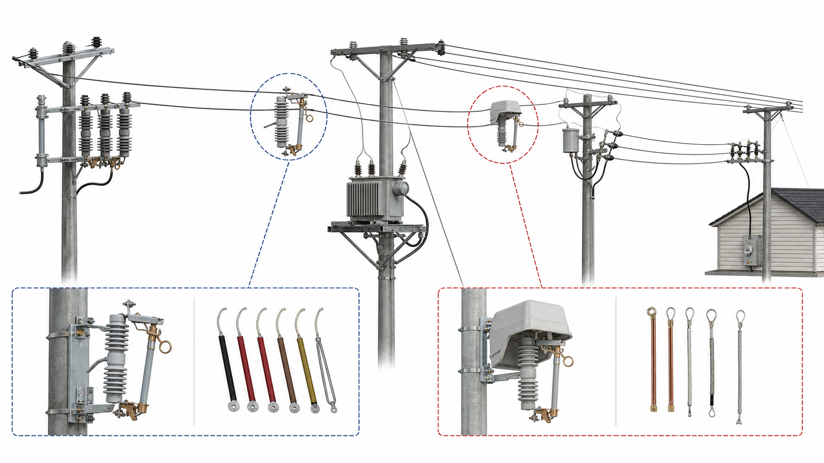 Engineering topology image showing drop out fuse cutouts on overhead distribution feeder and transformer branch routes