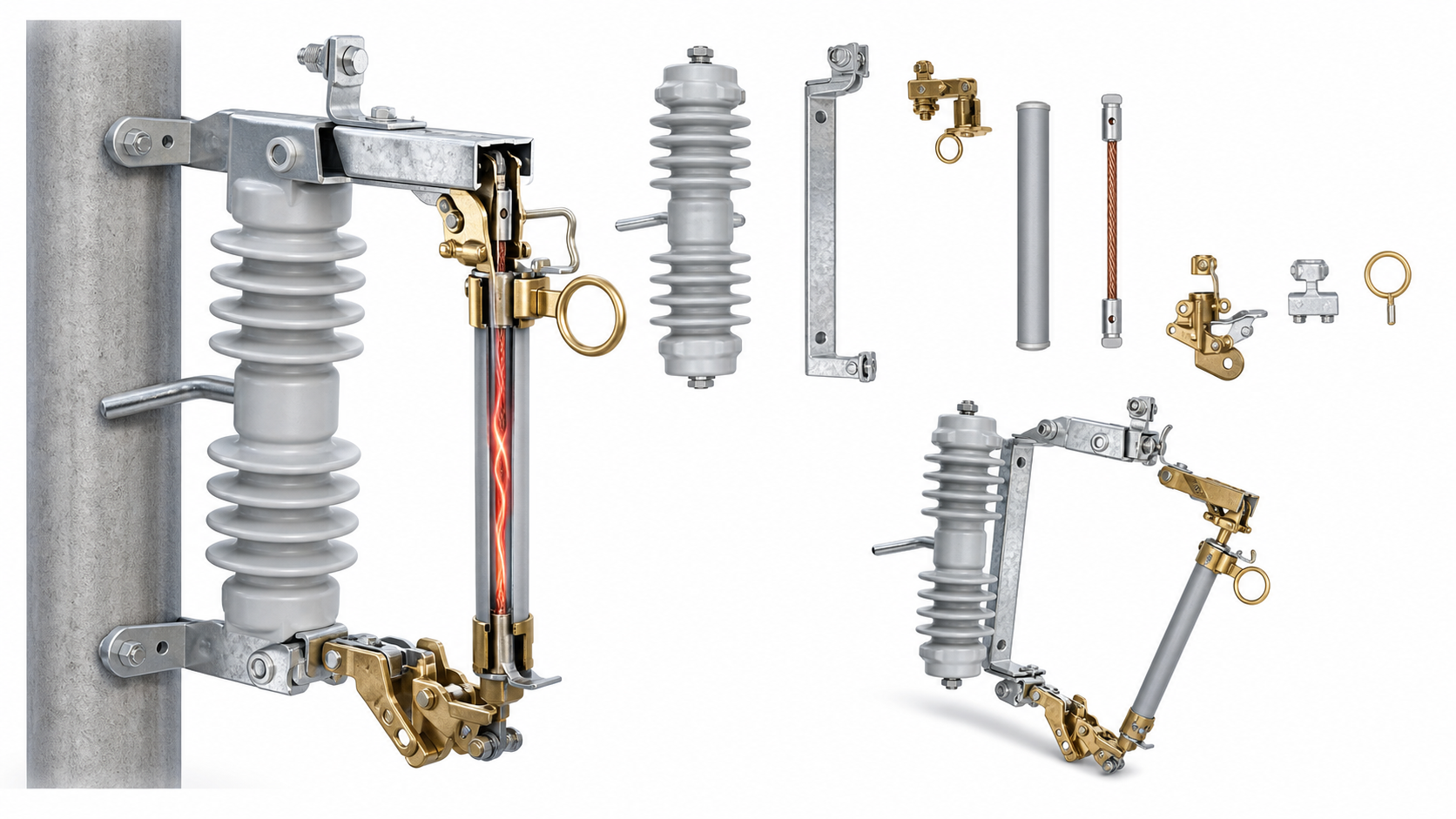 Engineering structure image showing fuse tube contacts bracket arc path and drop out action