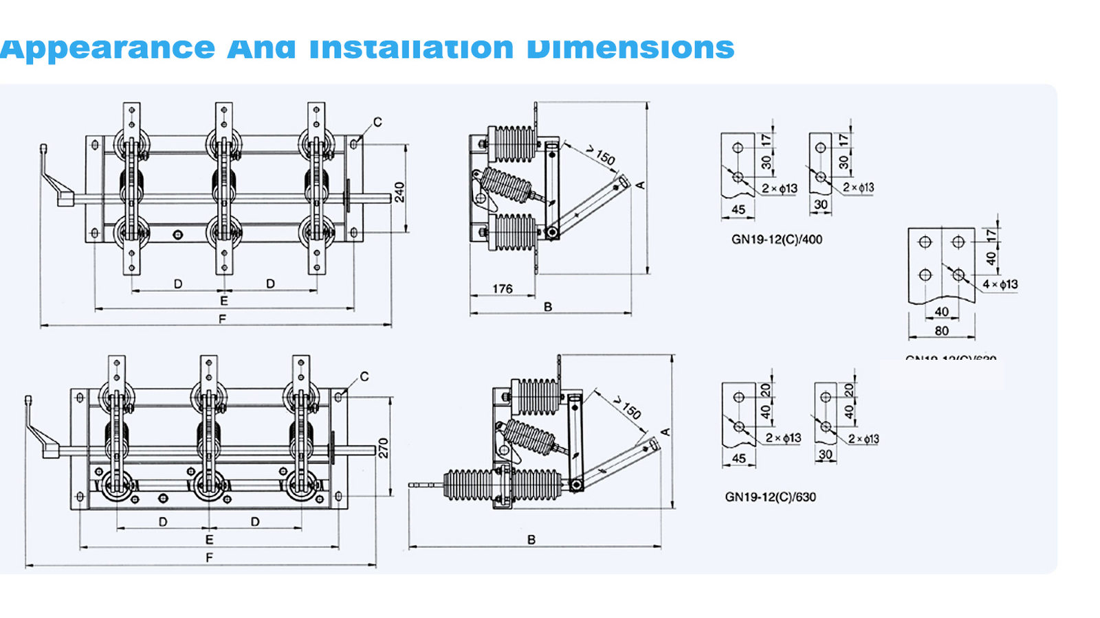 GN19 12 kV indoor disconnect switch outline and terminal drawing without Chinese source labels