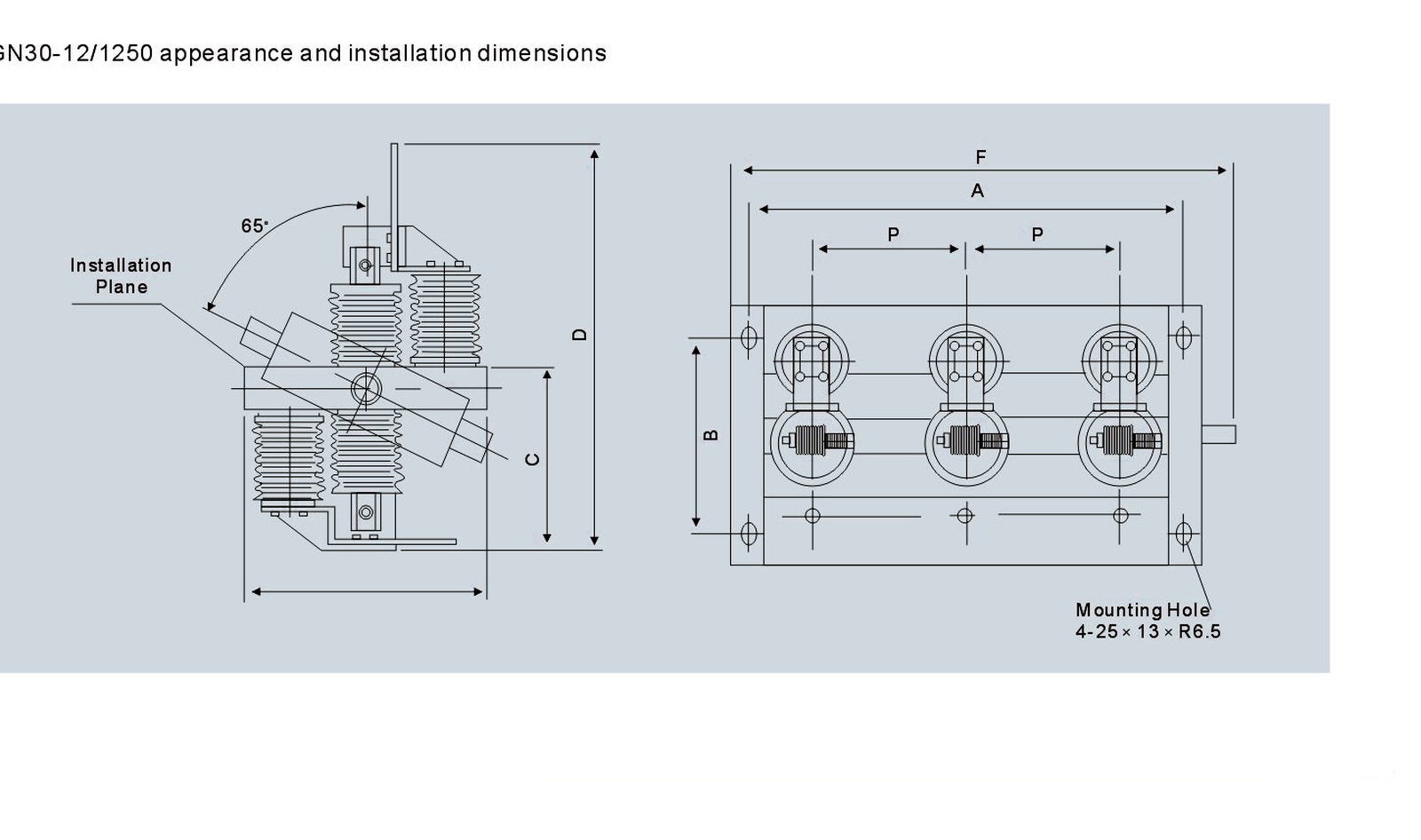 GN30 12 kV wall-through indoor disconnect switch appearance and installation dimension drawing