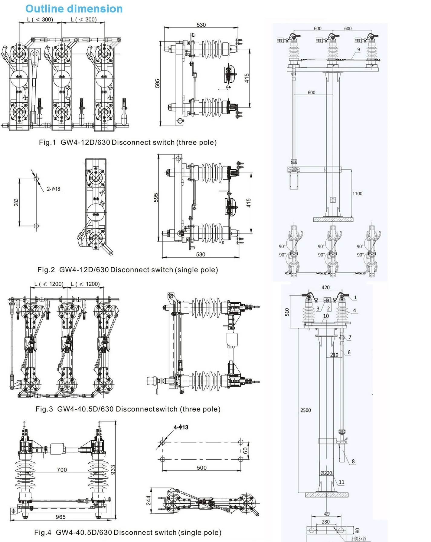 GW4-12D and GW4-40.5D outline dimension drawing