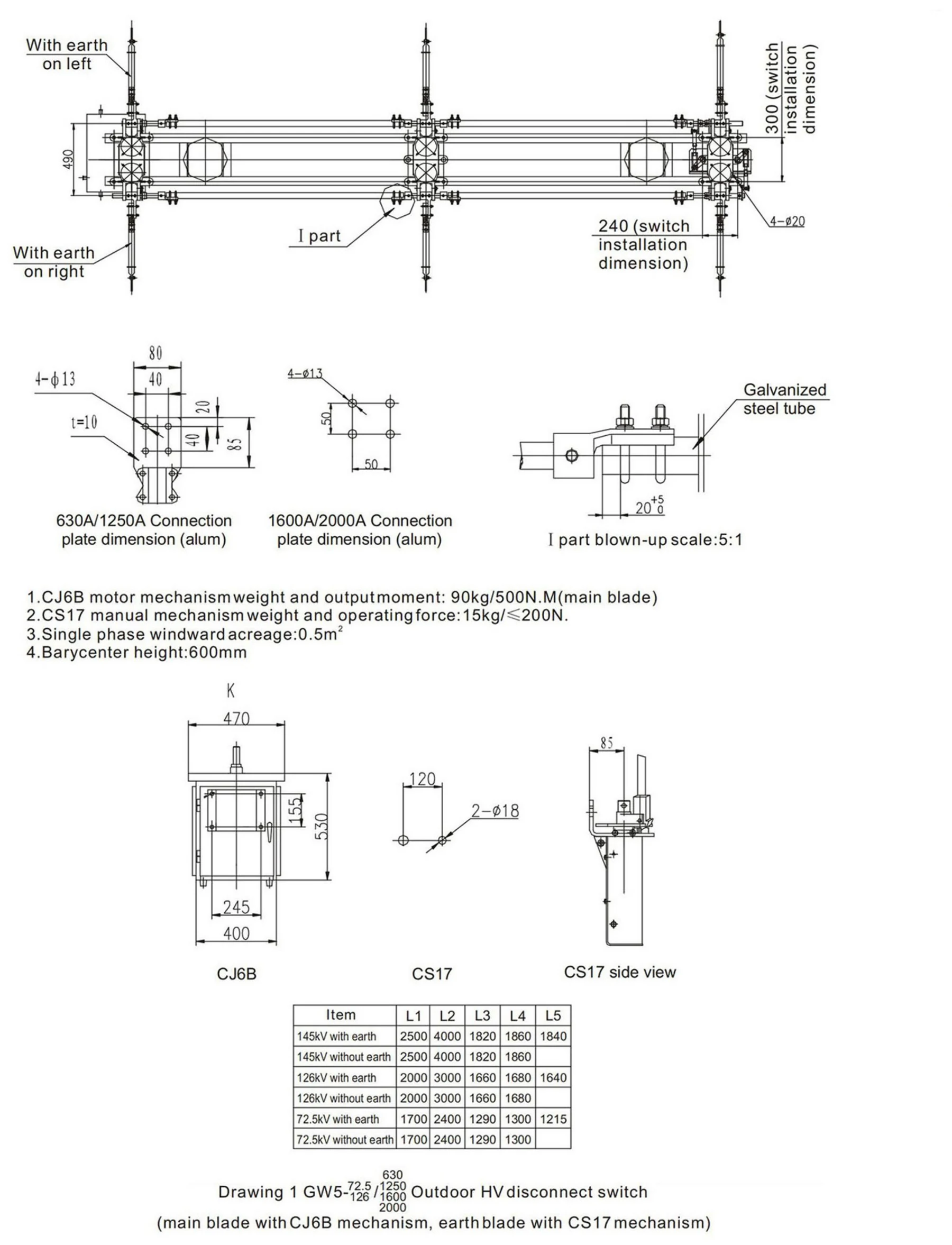 GW5 outdoor HV disconnect switch outline drawing with CJ6B main blade mechanism
