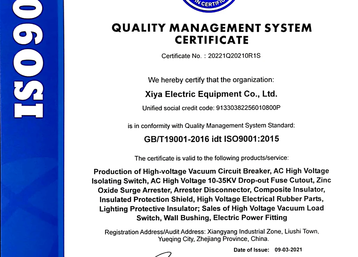Xiya Electric ISO management certificate reference