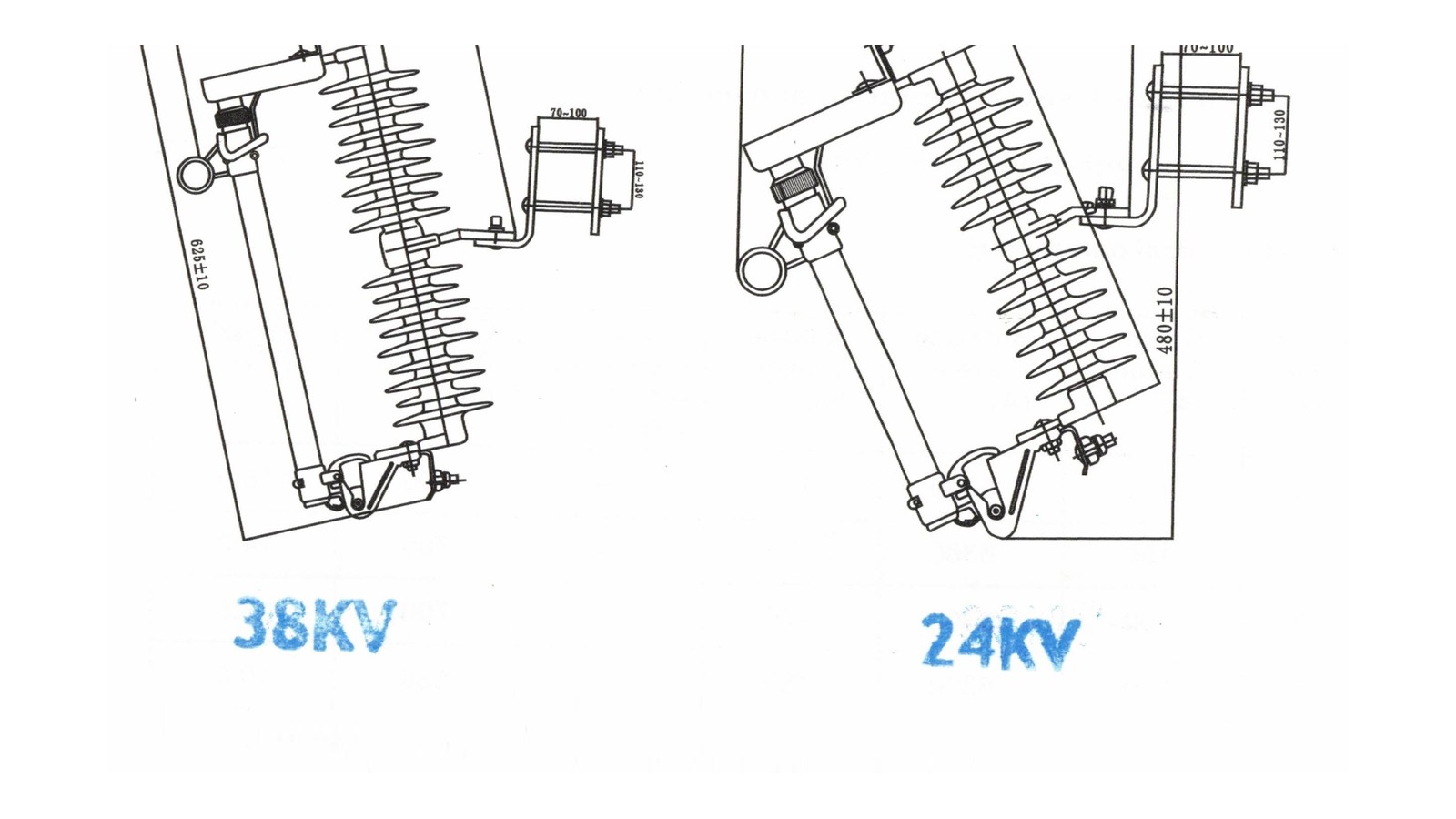 HRW12 12kV to 38kV drop out fuse cutout technical outline views