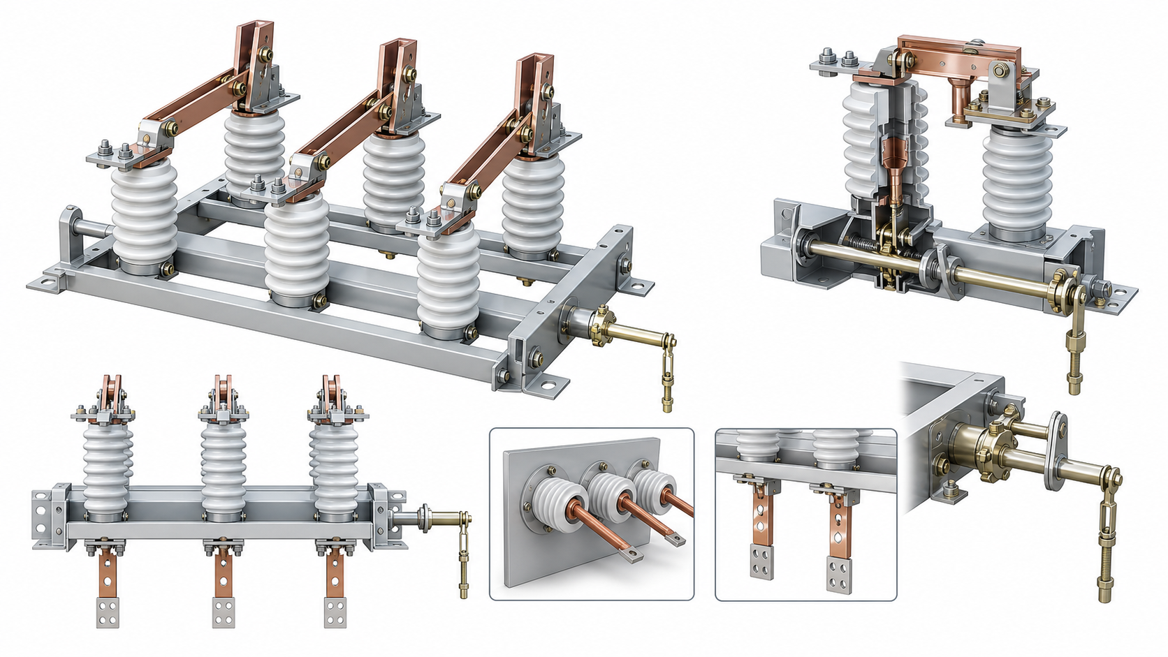 Structure schematic for indoor disconnect switch knife blade rotary shaft insulators and terminal interfaces