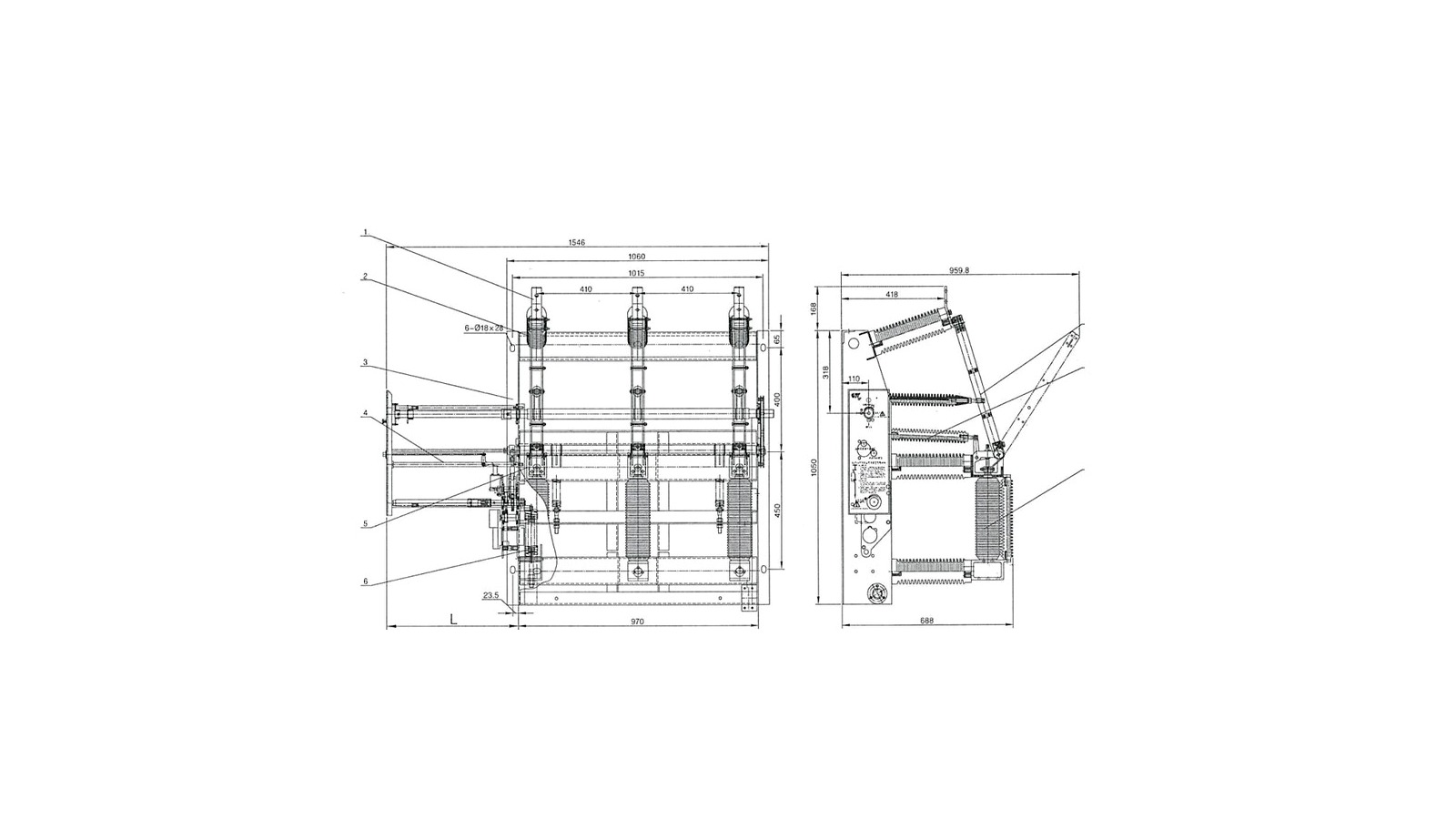 FZN21 indoor vacuum load break switch outline drawing with front and side dimensions