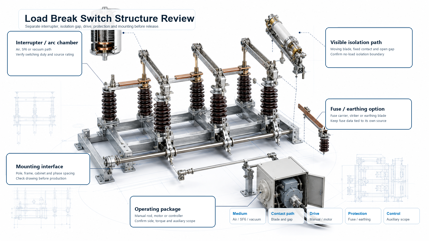 Structure schematic for load break switch interruption medium operating drive contact path and mounting interface