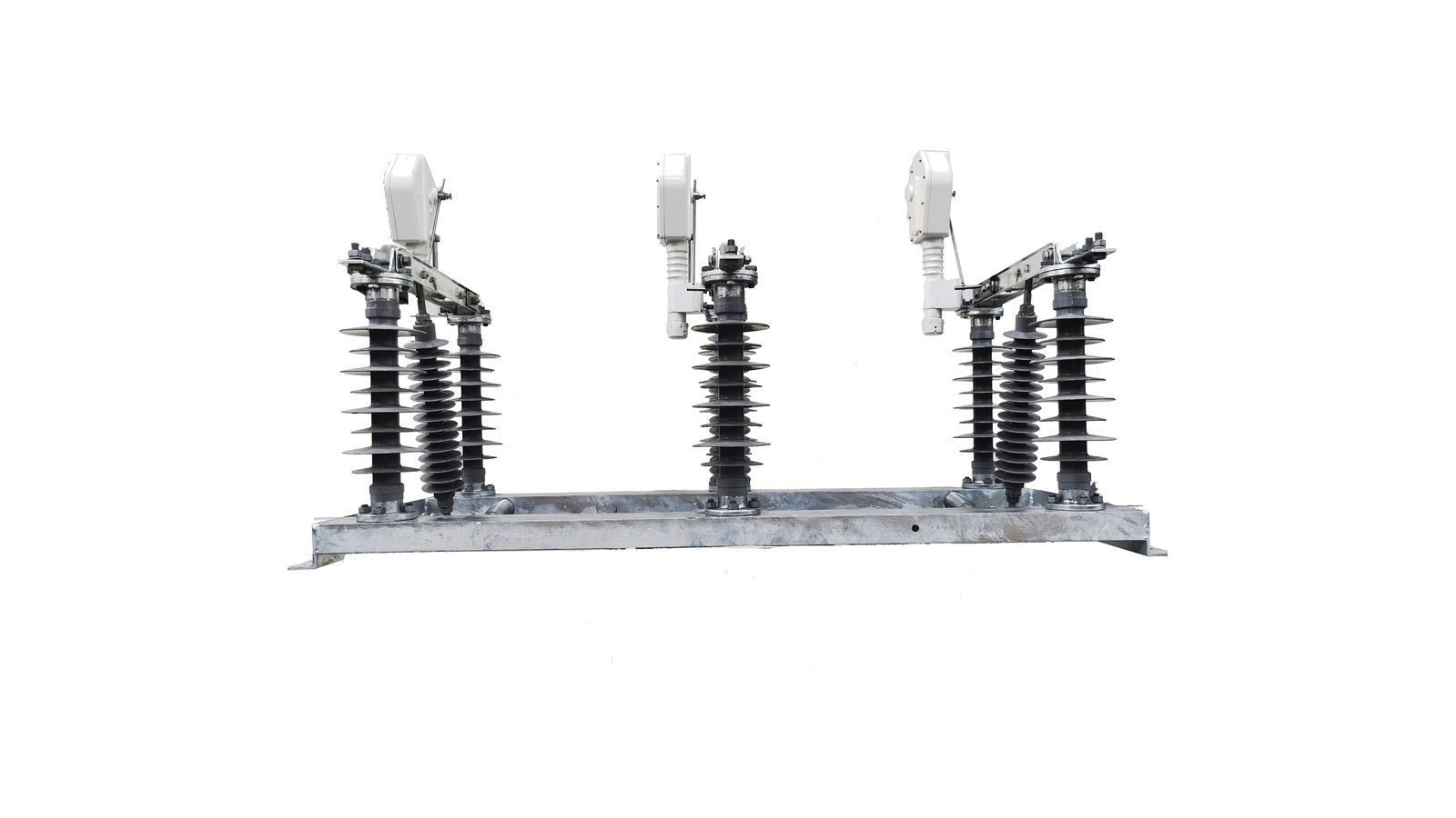 Three pole outdoor air break load isolator with support frame and operating linkage