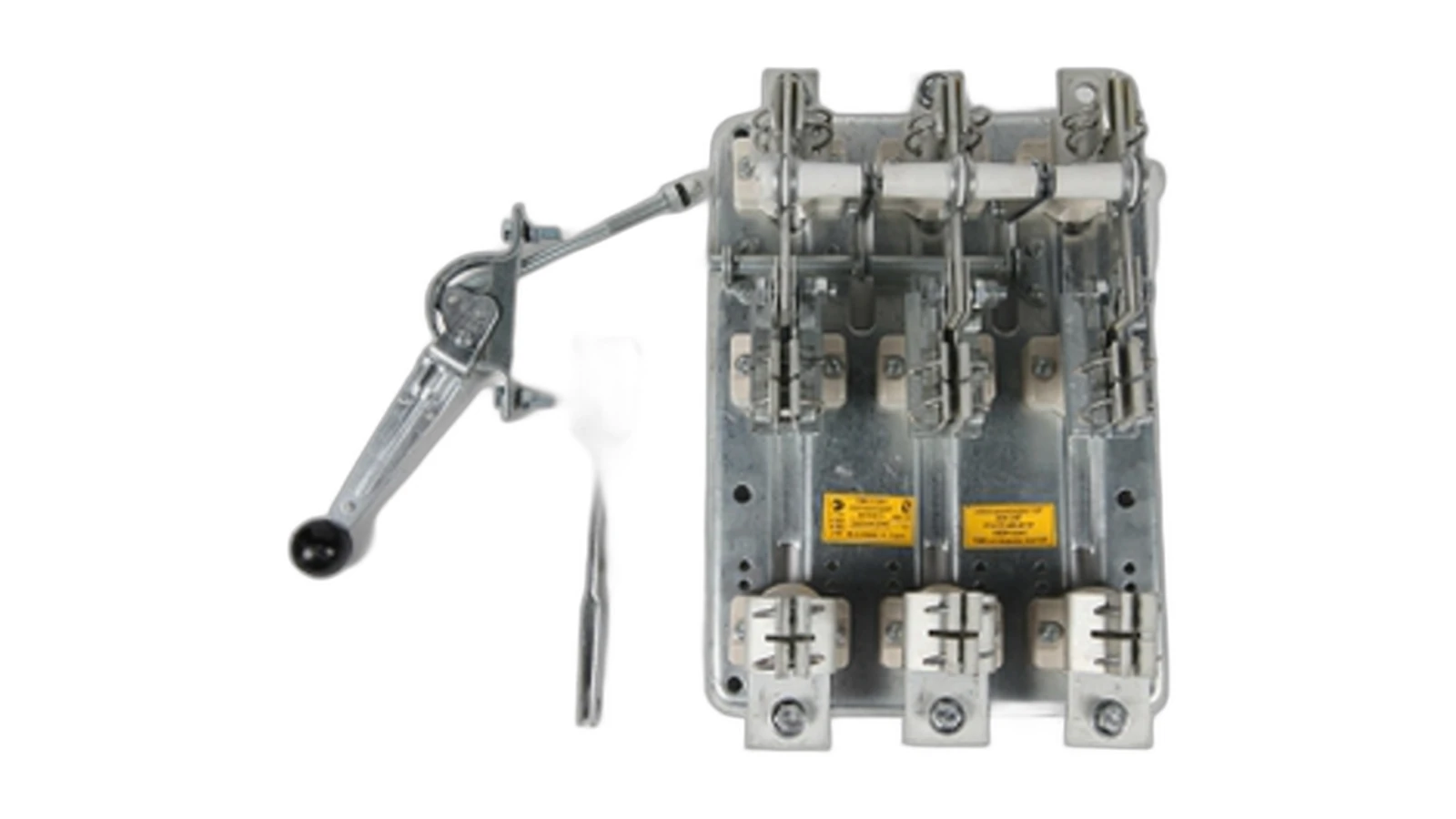 Low-voltage fused knife switch with manual operating handle on white background