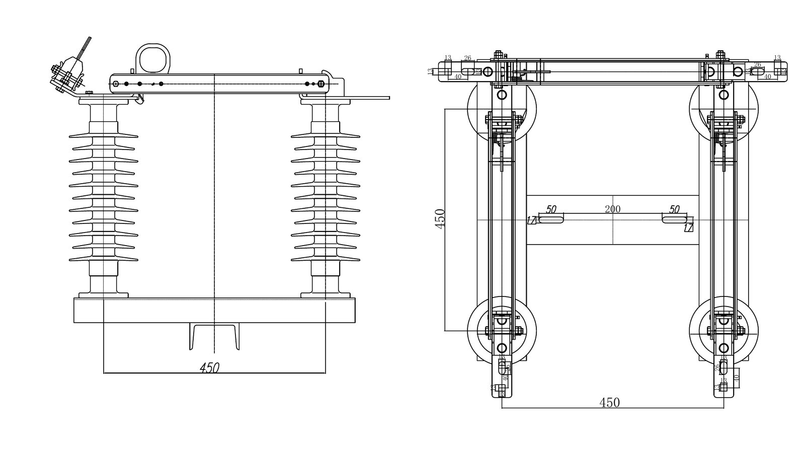 LW1 bypass disconnector outline drawing with side view plan view and 450 mm mounting dimensions