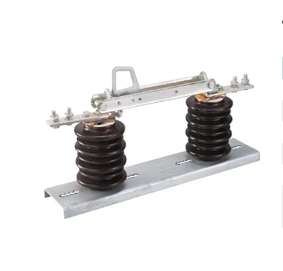 Medium voltage single-pole isolation switch with porcelain insulators on white background
