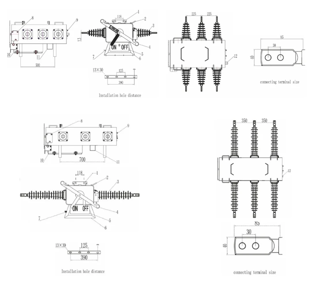 Dimensional drawings for pole-mounted SF6 load break switch mounting and terminal size