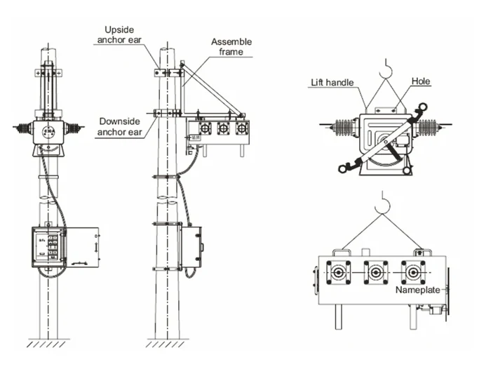 Single pole installation drawing for pole-mounted SF6 load break switch