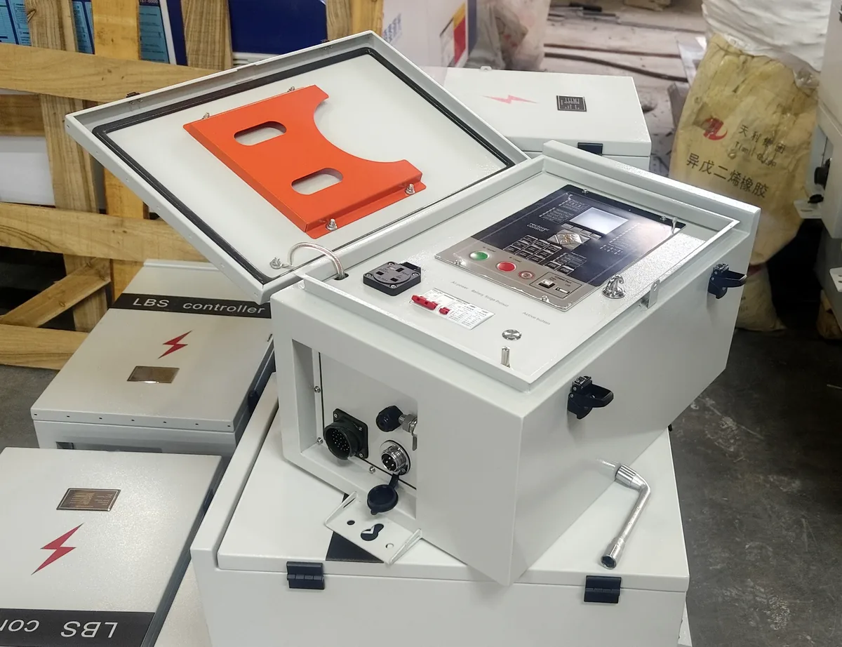 Open LBS controller cabinet with front panel and cable connectors