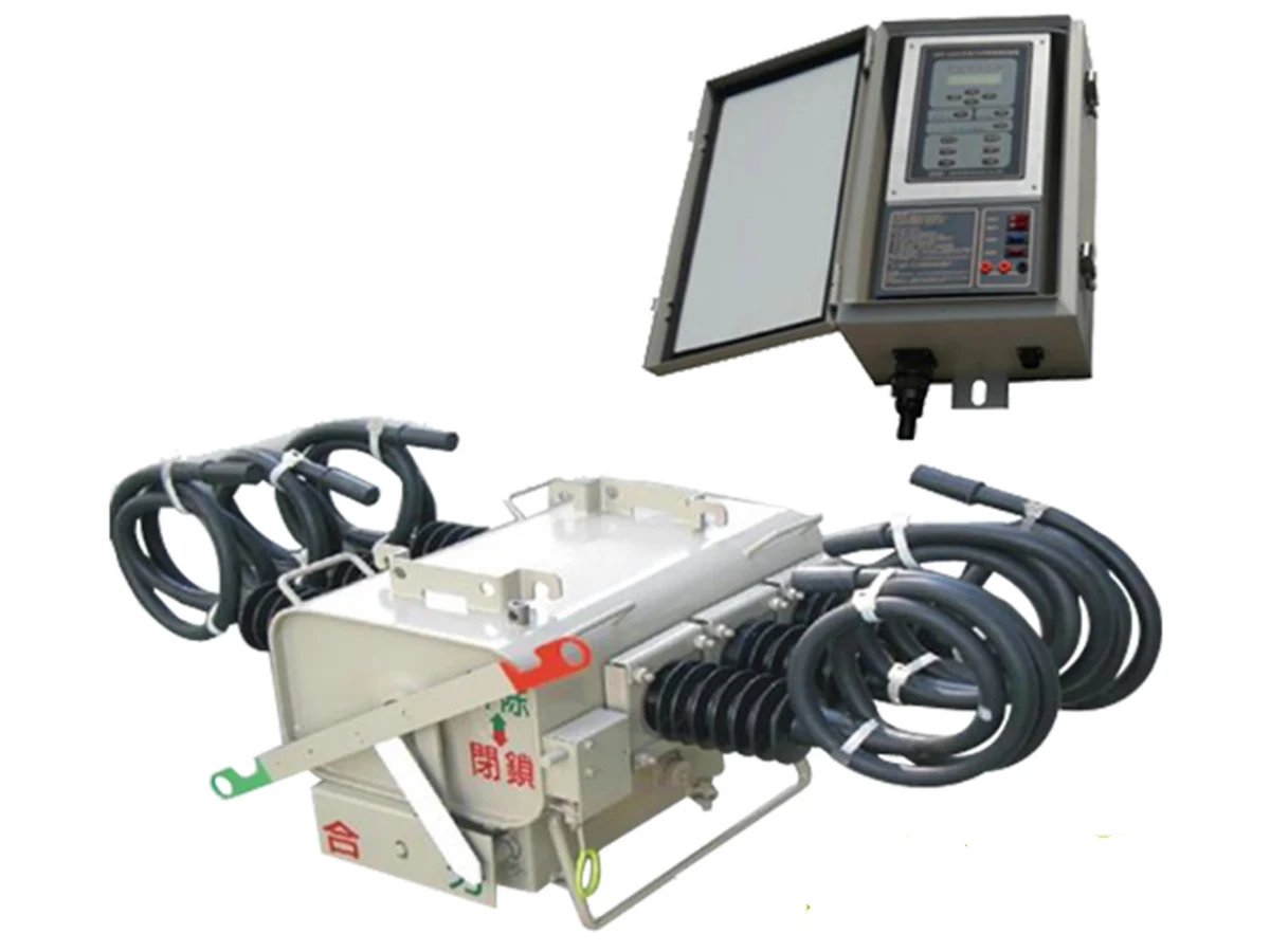 SF6 load break switch shown with optional LBS controller cabinet and cable accessories