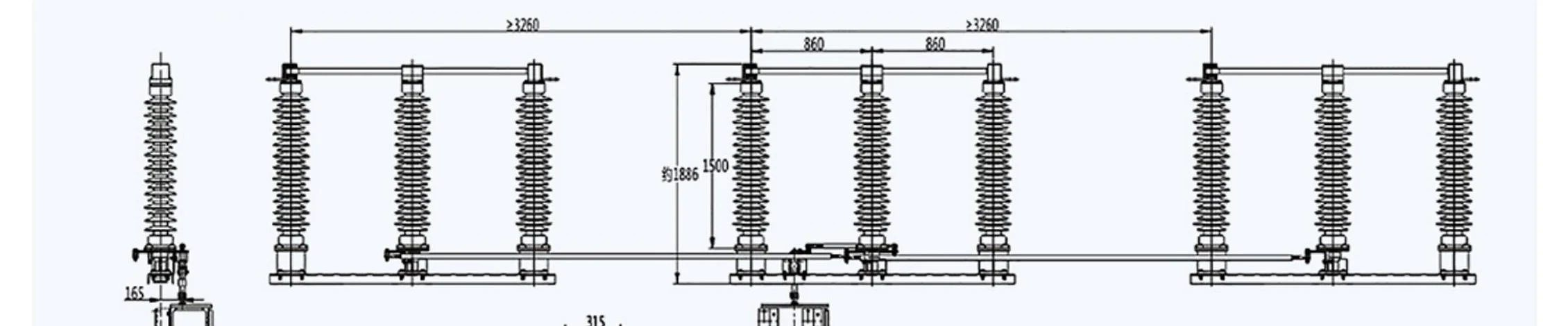 GW7-126 rotary double break isolator installation dimension drawing