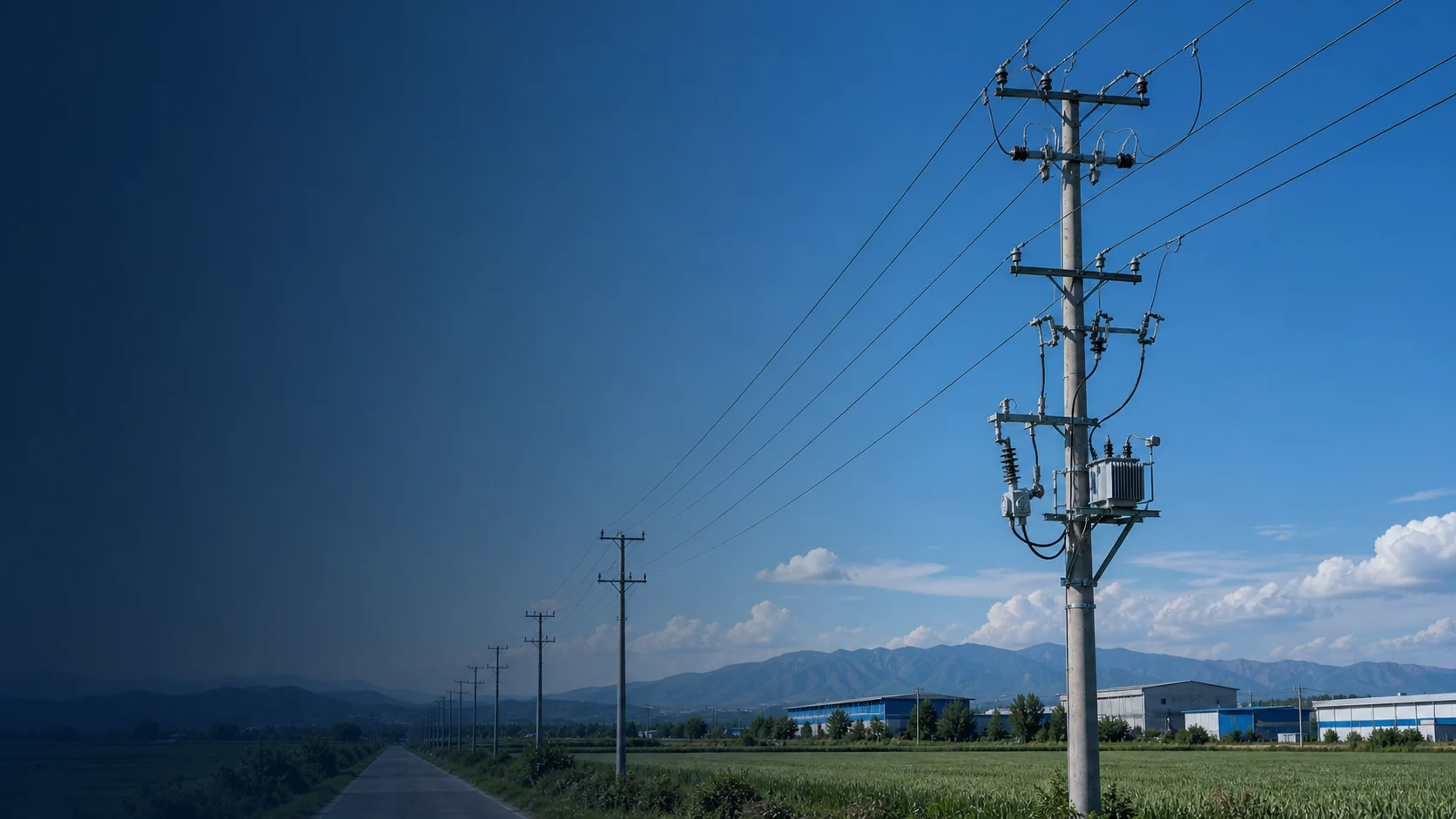 Overhead distribution line corridor with utility poles and generic protection equipment