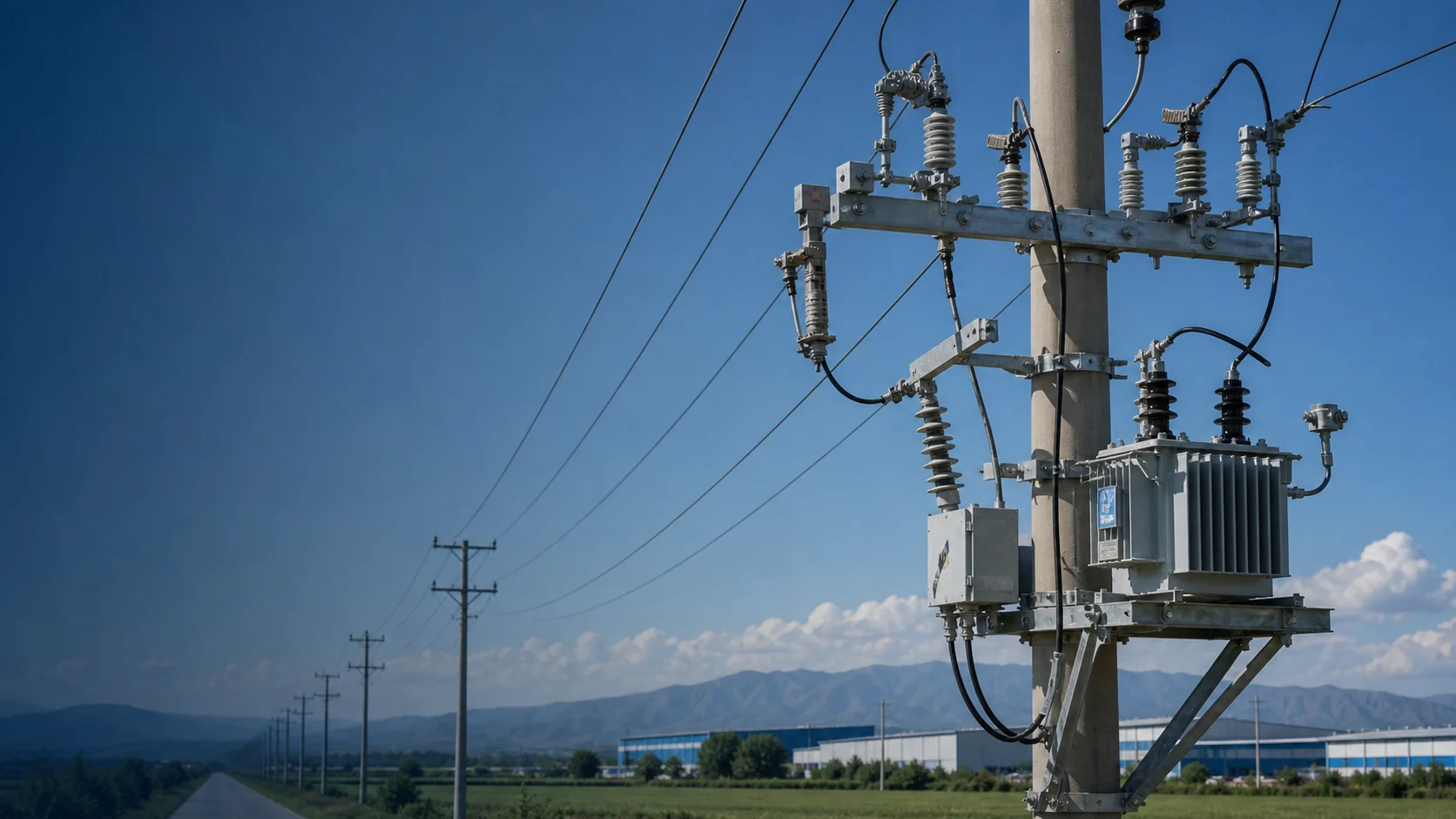 Pole mounted transformer branch and overhead distribution line showing smart drop-out fuse application context