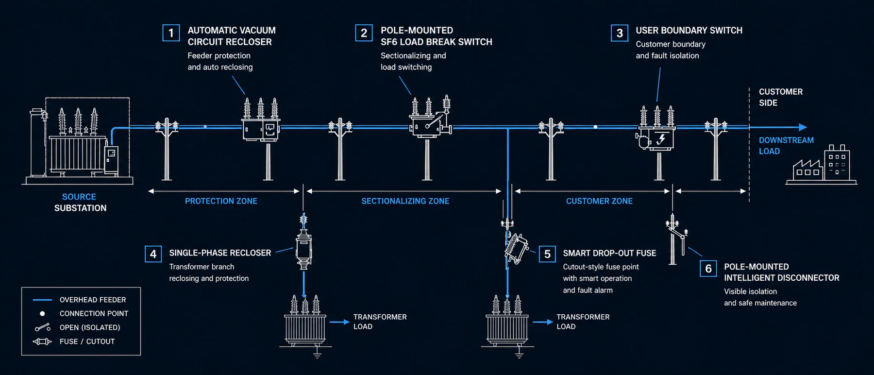 Overhead distribution topology showing Automatic Vacuum Circuit Recloser, SF6 Load Break Switch, User Boundary Switch, Single-Phase Recloser, Smart Drop-out Fuse and Intelligent Disconnector application points