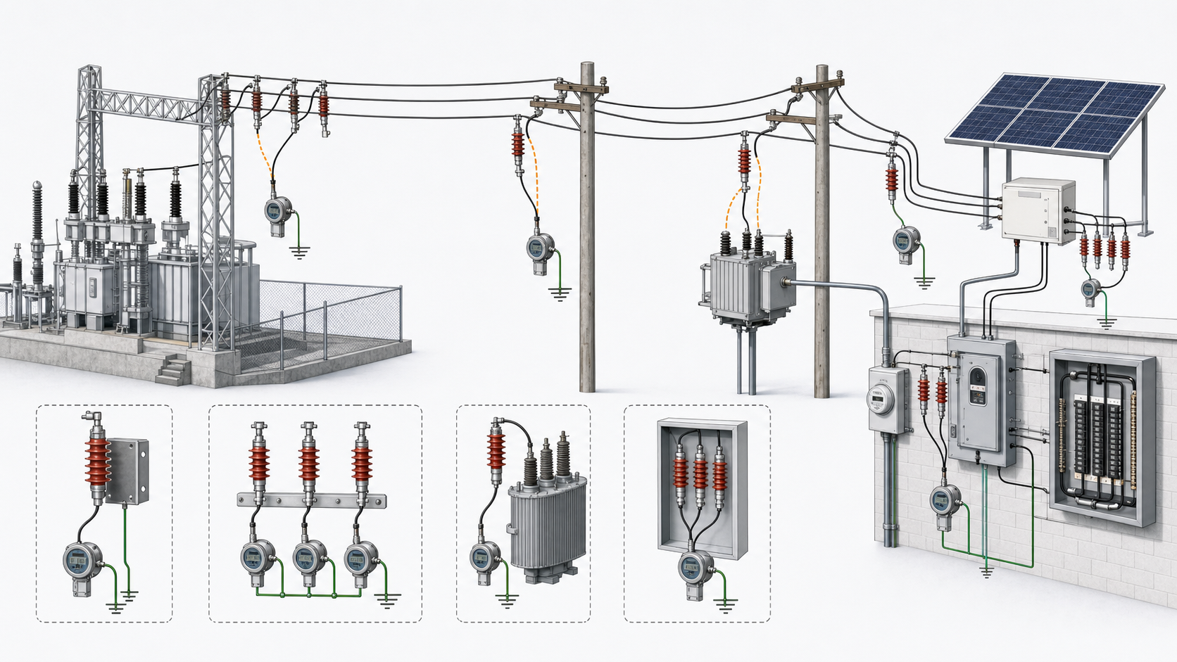 Distribution topology image showing surge arresters from conductors to earth with counters in feeder substation low voltage and photovoltaic routes