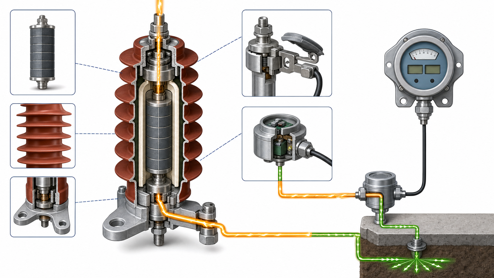 Surge arrester working principle image showing MOV column polymer housing disconnector counter monitor and earthing path