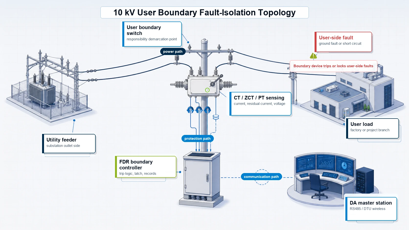 10 kV user boundary switch topology showing utility feeder boundary breaker CT ZCT PT sensing FDR boundary controller user load and DA master station