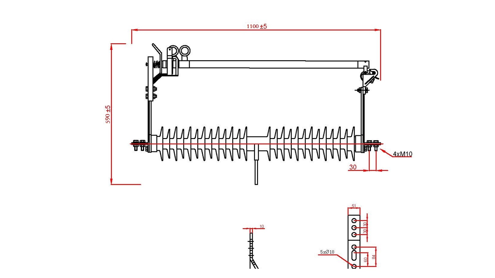 Windproof fuse cutout HGRW 35 200 cropped dimension drawing view