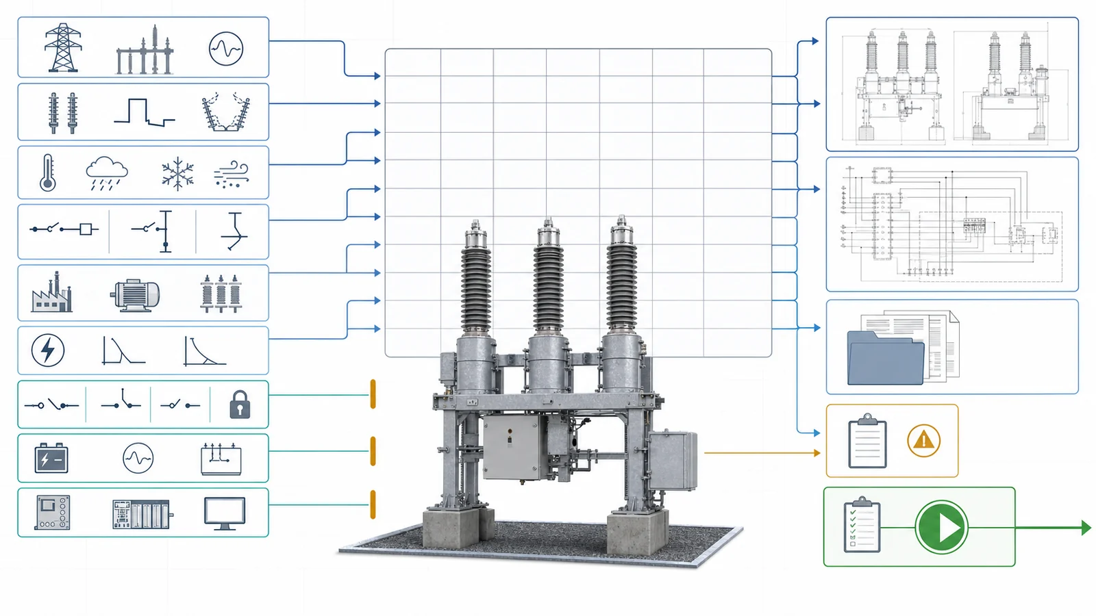 132 kV circuit breaker selection matrix for system basis, studies, duties, mechanism, protection interfaces, drawings, and release evidence