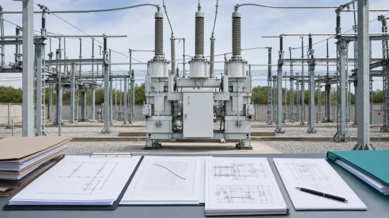 132 kV circuit breaker specification review covering interrupting duty, operating mechanism, protection interfaces, drawings, and evidence