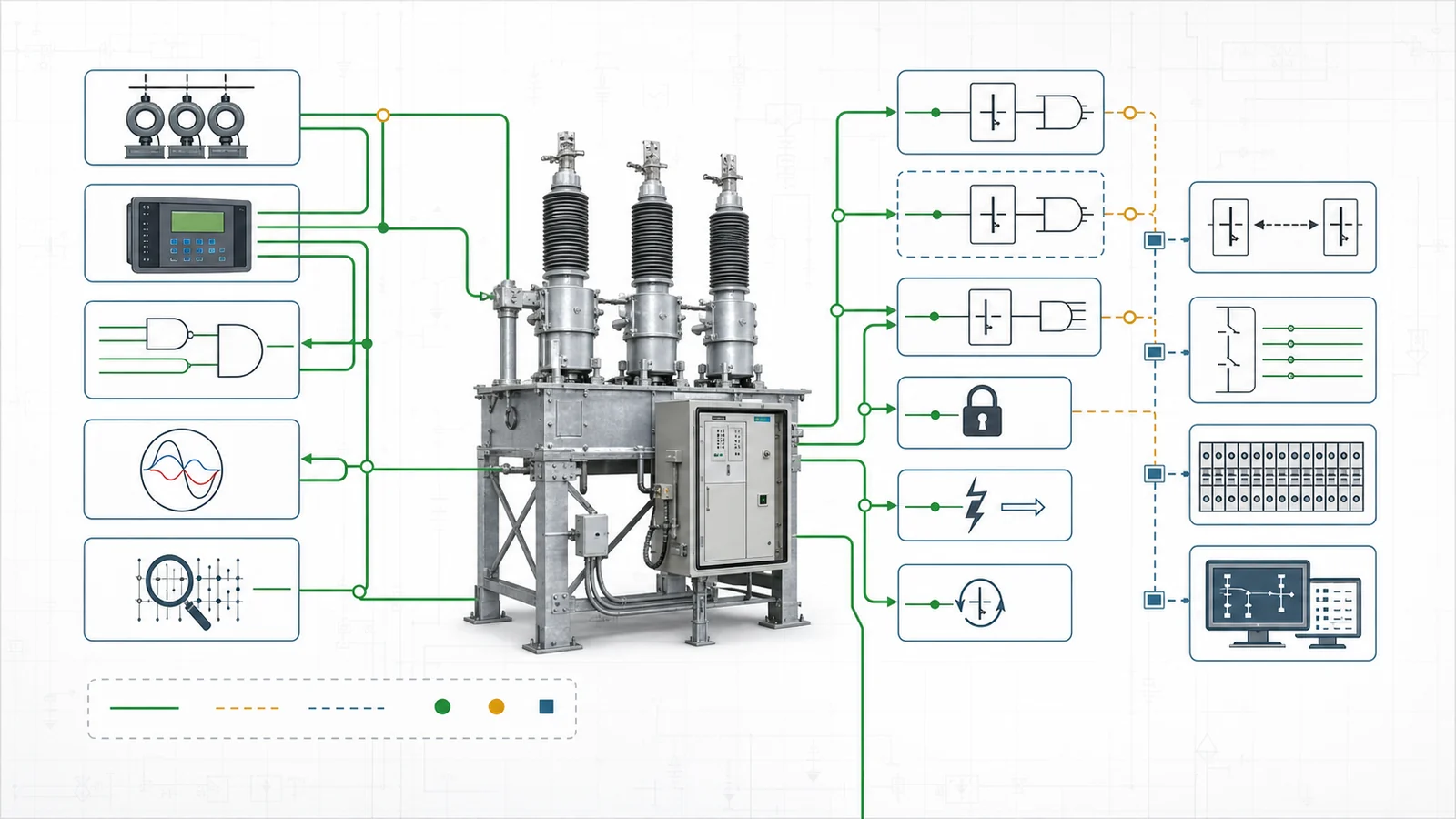 Protection and control interface map for CTs, relays, trip and close circuits, breaker failure, autoreclose, synch-check, intertrip, and station control