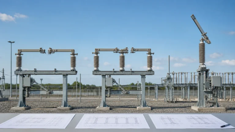 Center-break, double-side-break, and vertical-break disconnector layouts compared in an outdoor substation bay