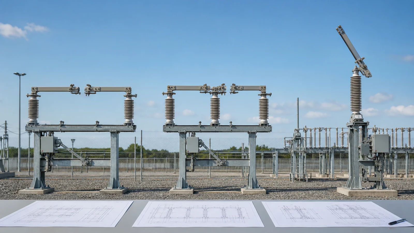 Center-break, double-side-break, and vertical-break disconnector layouts compared in an outdoor substation bay