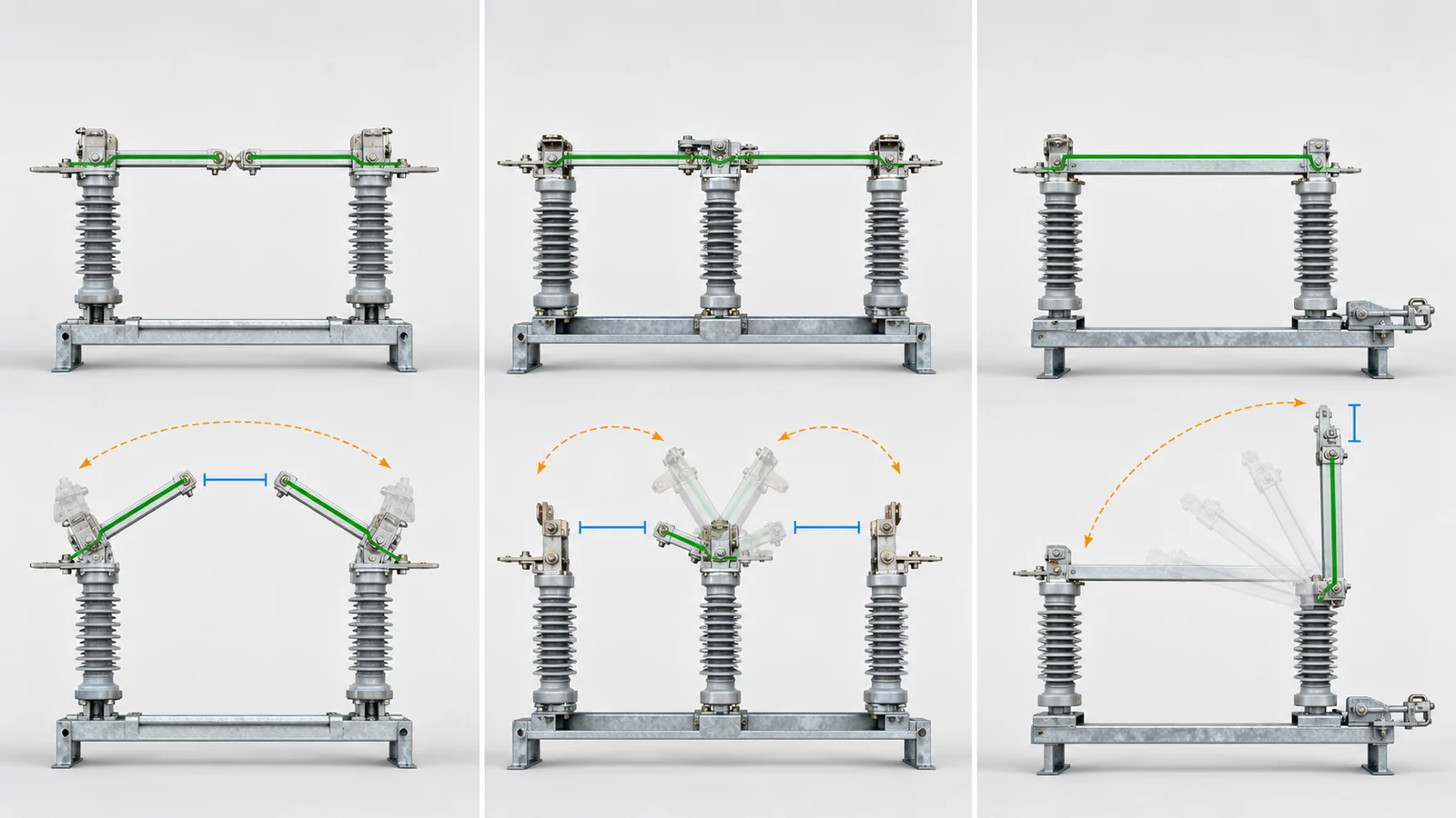 Side-by-side open and closed geometry of center-break, double-side-break, and vertical-break disconnectors