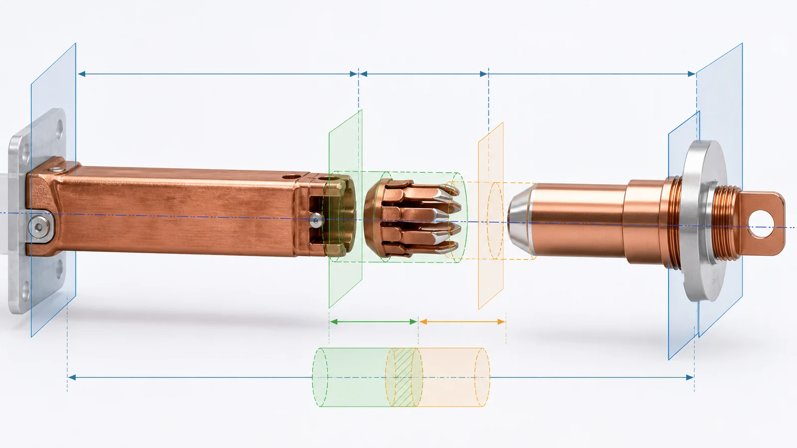 Contact arm, tulip contact, and fixed contact datum overlay showing retention, lead-in, active zone, and mounting interfaces