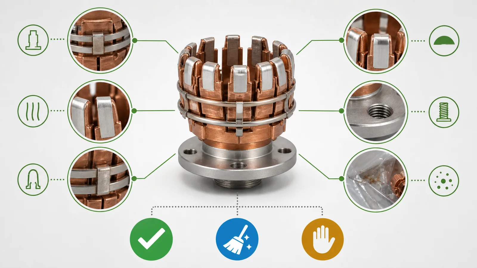 Contact assembly receiving inspection for identity, fingers, springs, plating, threads, contamination, and disposition