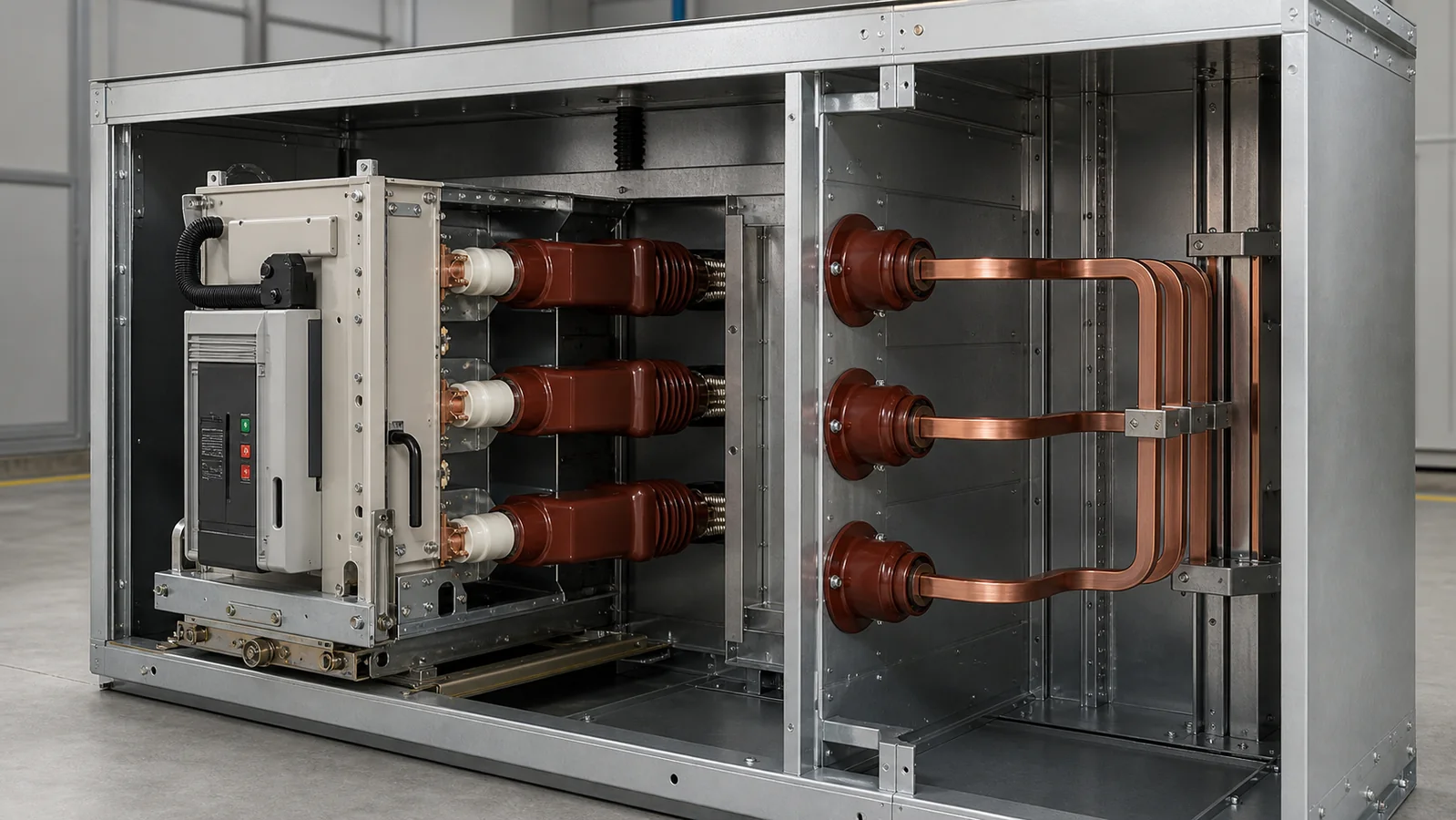Contact box and wall bushing locations in a medium-voltage switchgear cabinet