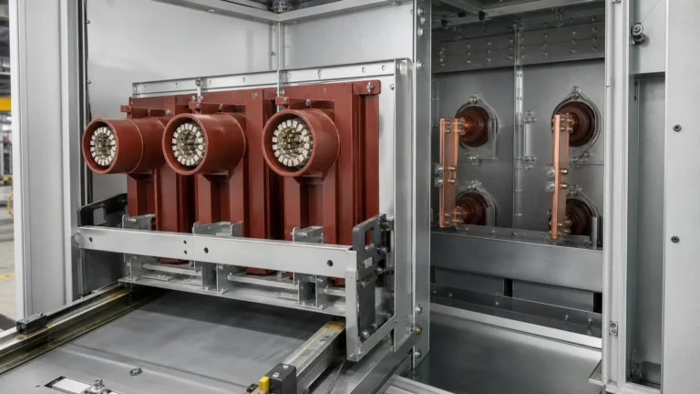 Contact boxes and wall bushings positioned inside medium-voltage switchgear