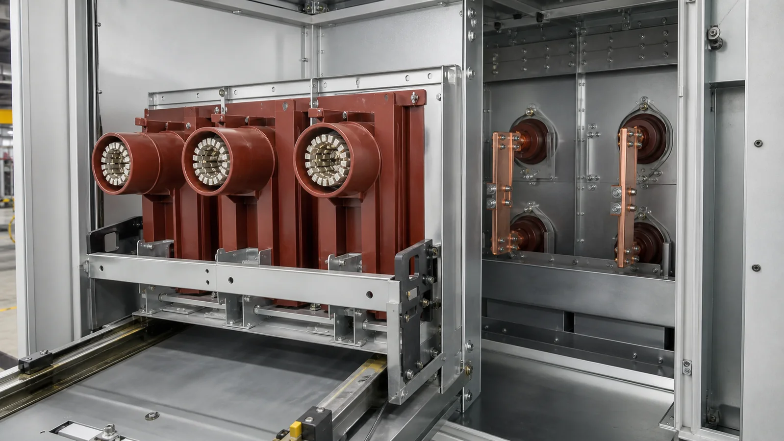 Contact boxes and wall bushings positioned inside medium-voltage switchgear