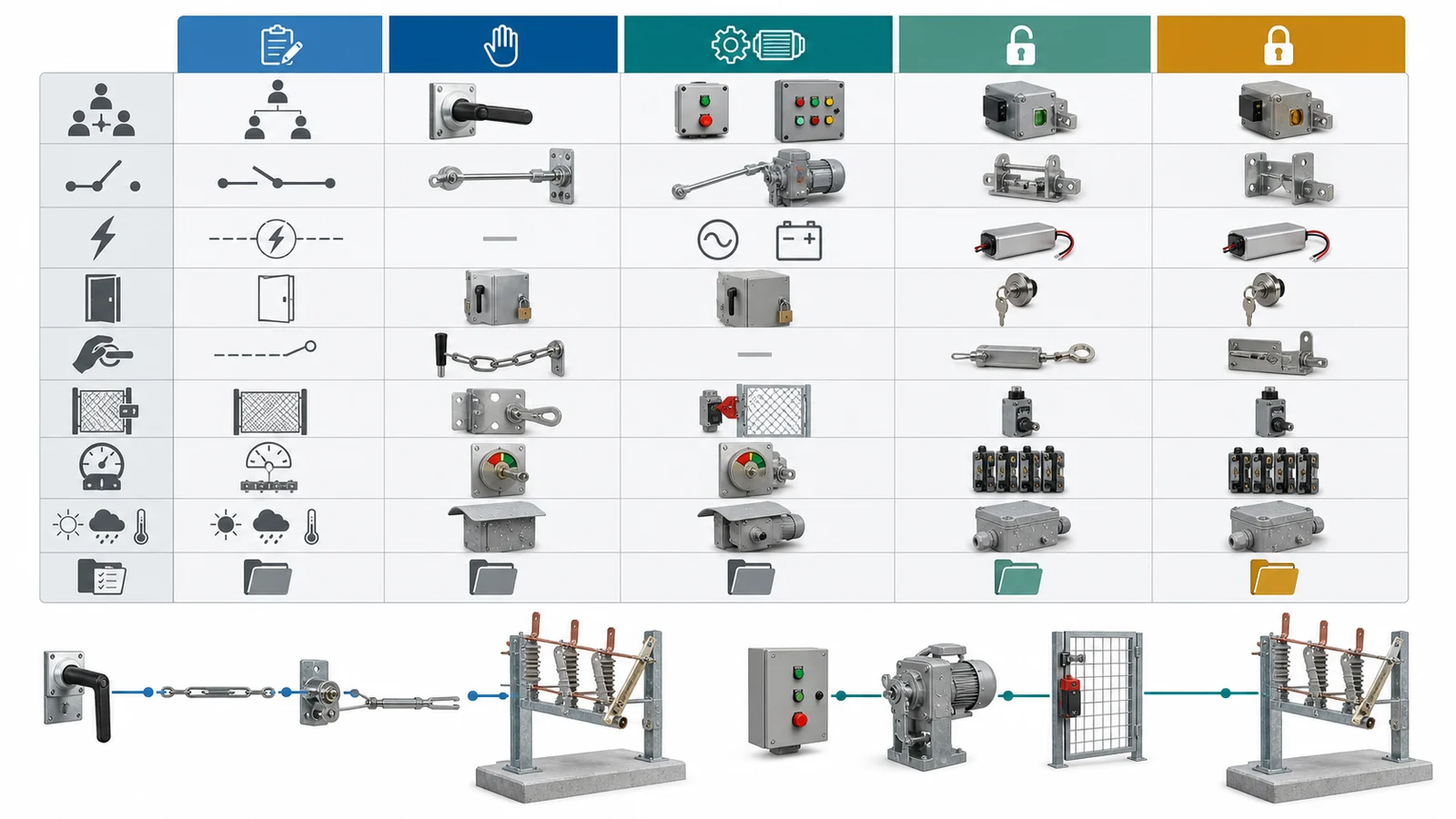 Disconnect switch mechanism selection matrix for command, geometry, energy, interlocks, status, environment, and evidence