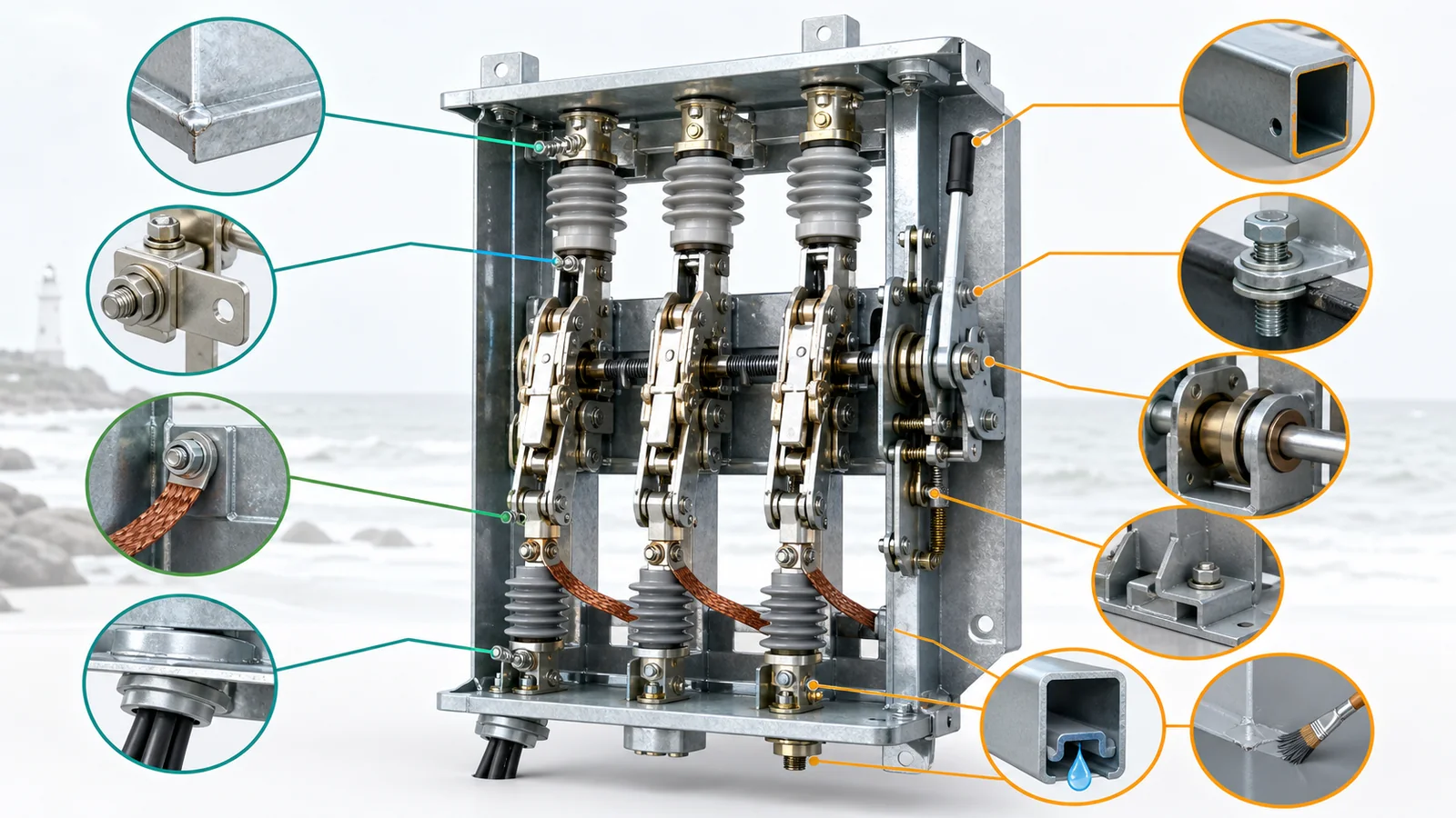 Outdoor disconnect switch corrosion-interface map across frame, terminals, shafts, bearings, fasteners, coatings, water traps, and repair points
